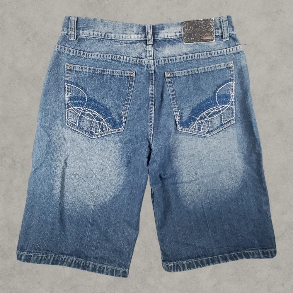 True Rock Denim Shorts Men 34 Blue Relaxed Fit Sandblasted Fade Y2K Skater Baggy